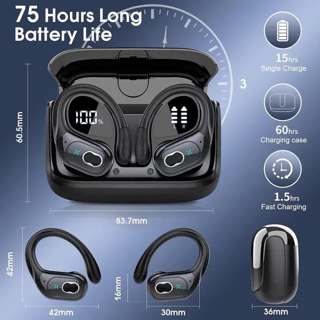Alt view image 4 of 7 - Wireless Earbuds 75hrs Bluetooth 5.4 Headphone Sport, 2025 Bluetooth Earbuds Stereo Deep Bass Over Ear Bud with Earhooks, ENC Noise Cancelling Mic, IPX7 Waterproof Earphone for Workout/Running