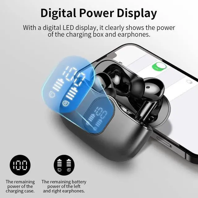 Alt view image 6 of 7 - Wireless Earbuds, Bluetooth 5.3 Headphones Bass Stereo, Ear Buds with Noise Cancelling Mic LED Display, IP7 Waterproof in Ear Earphones, 36H Playtime for Laptop Pad Phones Sports Workout, Black