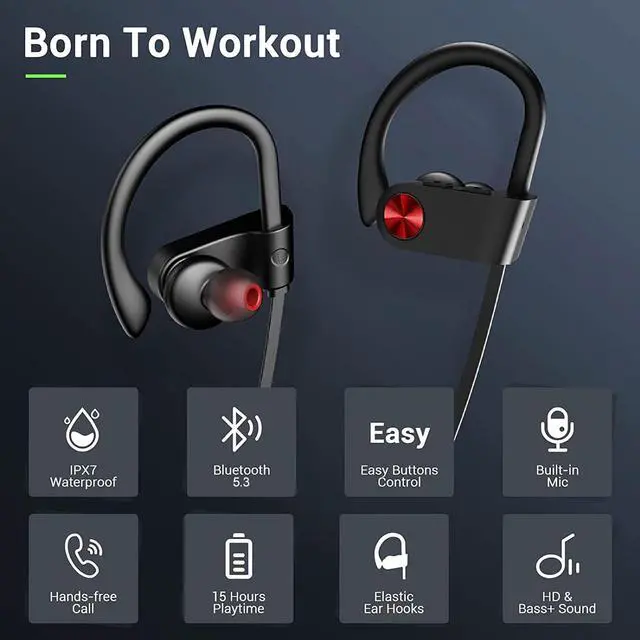 Alt view image 2 of 7 - Bluetooth Headphones, Bluetooth 5.3 IPX7 Waterproof Wireless Sports Earbuds for Workout Gym, 16 Hrs Playtime Running Headphones with Noise Cancelling Mic, HiFi Bass Stereo in-Ear Earphones