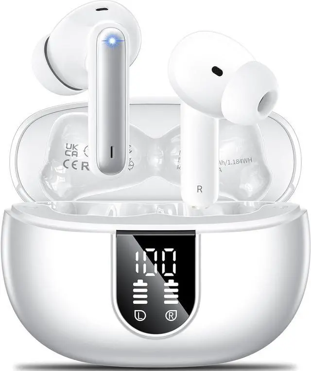 Main image of Wireless Earbuds, 2024 Wireless Headphones HiFi Stereo Earphones with 4 ENC Noise Canceling Mic, 42Hs Playtime In Ear Earbud, Bluetooth 5.3 Sport Earphones with LED Power Display for Android iOS White