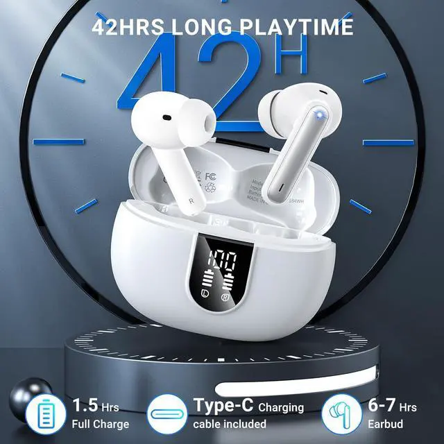 Alt view image 3 of 7 - Wireless Earbuds, 2024 Wireless Headphones HiFi Stereo Earphones with 4 ENC Noise Canceling Mic, 42Hs Playtime In Ear Earbud, Bluetooth 5.3 Sport Earphones with LED Power Display for Android iOS White