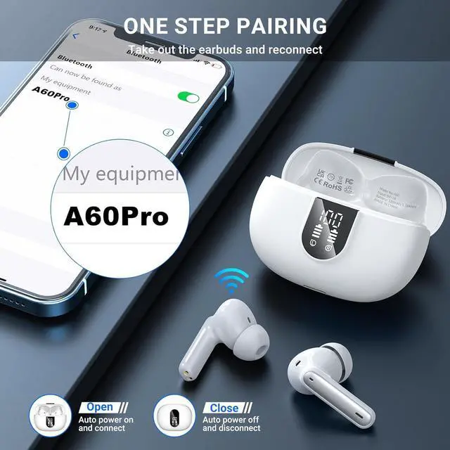 Alt view image 5 of 7 - Wireless Earbuds, 2024 Wireless Headphones HiFi Stereo Earphones with 4 ENC Noise Canceling Mic, 42Hs Playtime In Ear Earbud, Bluetooth 5.3 Sport Earphones with LED Power Display for Android iOS White