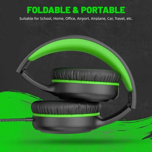 Alt view image 5 of 7 - Green Wired Headphones for Boys Portable On Ear Youth Headphones for School Airplane Travel Lightweight Portable Compatible with Pad Computer Laptop for Adults Student Children Girls Kids