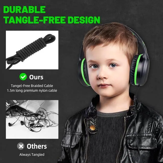 Alt view image 6 of 7 - Green Wired Headphones for Boys Portable On Ear Youth Headphones for School Airplane Travel Lightweight Portable Compatible with Pad Computer Laptop for Adults Student Children Girls Kids