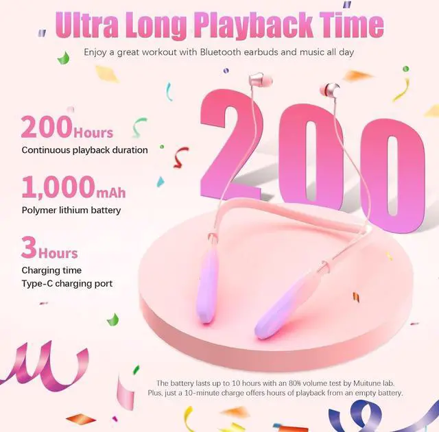 Alt view image 2 of 7 - Neckband Bluetooth Headphones, 200H Extra Long Playtime Wireless Stereo Neckband Earbuds with Microphone, Waterproof Balanced Armature Drivers in Ear Headset for Sports/Workout (Pink-Purple)
