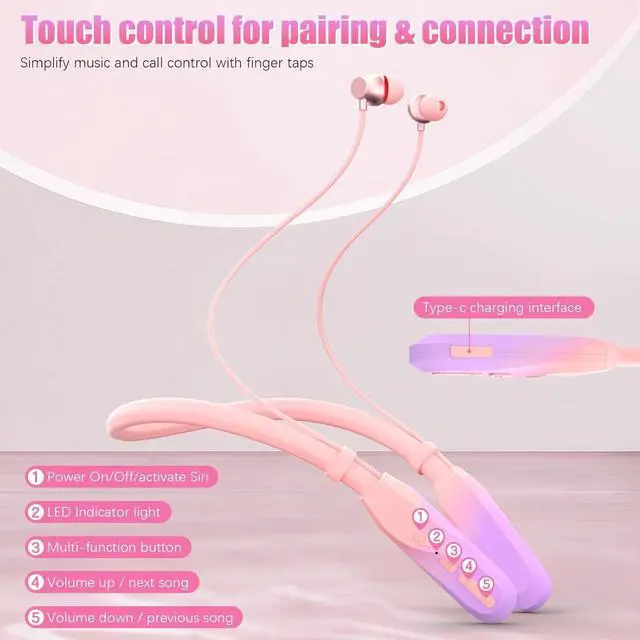 Alt view image 4 of 7 - Neckband Bluetooth Headphones, 200H Extra Long Playtime Wireless Stereo Neckband Earbuds with Microphone, Waterproof Balanced Armature Drivers in Ear Headset for Sports/Workout (Pink-Purple)