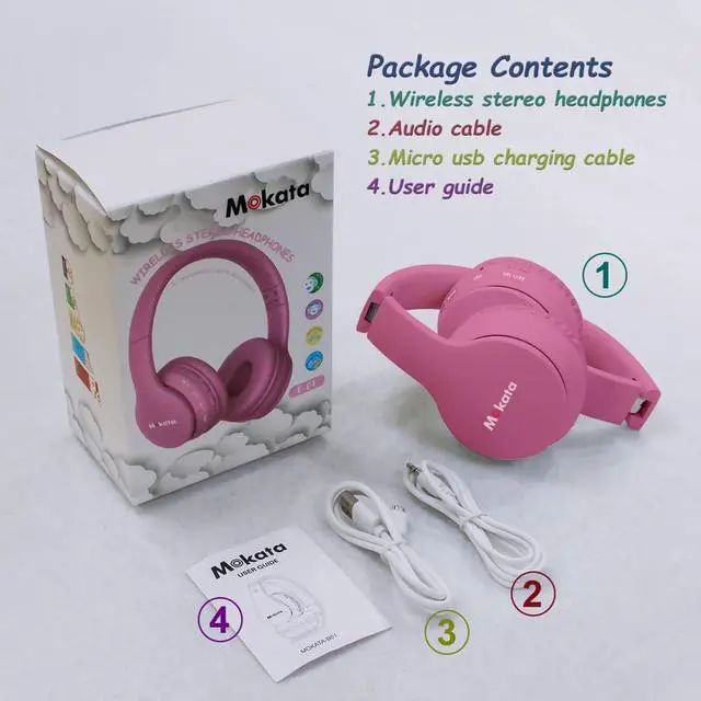 Alt view image 6 of 7 - Headphones Bluetooth Wireless/Wired Kids Volume Limited 85 /110dB Over Ear Foldable Protection Headset with AUX 3.5mm Mic for Boys Girls School Pad Tablet Pink