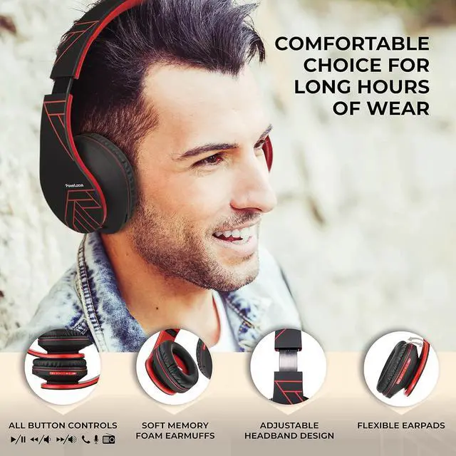 Alt view image 2 of 7 - PowerLocus Bluetooth Over-Ear Headphones, Wireless Stereo Foldable Headphones Wireless and Wired Headsets with Built-in Mic, Micro SD/TF, FM for iPhone/Samsung/iPad/PC (Black/Red)