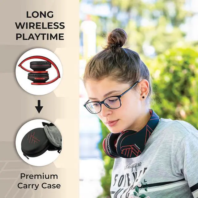 Alt view image 4 of 7 - PowerLocus Bluetooth Over-Ear Headphones, Wireless Stereo Foldable Headphones Wireless and Wired Headsets with Built-in Mic, Micro SD/TF, FM for iPhone/Samsung/iPad/PC (Black/Red)