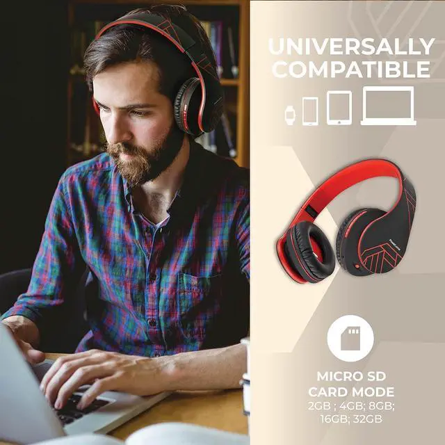 Alt view image 6 of 7 - PowerLocus Bluetooth Over-Ear Headphones, Wireless Stereo Foldable Headphones Wireless and Wired Headsets with Built-in Mic, Micro SD/TF, FM for iPhone/Samsung/iPad/PC (Black/Red)