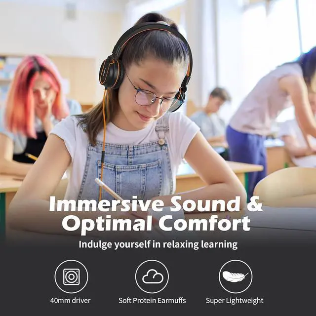 Alt view image 2 of 6 - AILIHEN Kids Headphones, I35 On-Ear Headphones for School, Safe Volume 93dB, HD Mic Stereo Headphone for Kid Girls Boys, Foldable 3.5mm Wired for Chromebook, Laptop, Computer, Tablet (Black Orange)