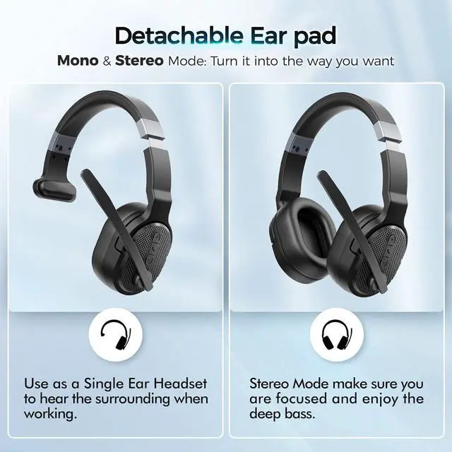 Alt view image 2 of 7 - Trucker Bluetooth Headset with Dongle, Wireless Headsets with Noise Cancelling Microphone, 50+Hrs HD Talktime Bluetooth Headphones with Detachable Earpad/Single+Dual Mode for Office/Driving