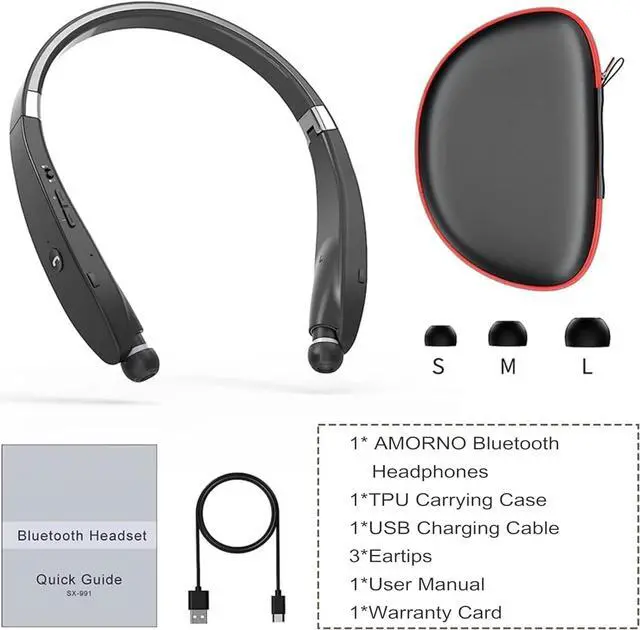 Alt view image 7 of 7 - AMORNO Foldable Bluetooth Headphones Wireless Neckband Headset with Retractable Earbuds, Sports Sweatproof Noise Cancelling Stereo Earphones with Mic