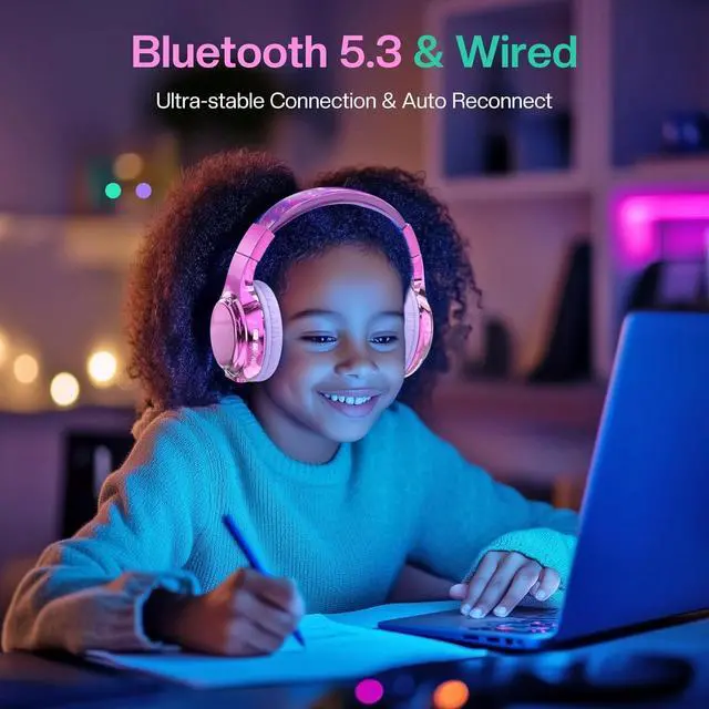Alt view image 2 of 7 - QearFun Bluetooth Headphones for Kids, Wireless Headphones with Built-in Mic, Includes Aux Cord, USB C, 3.5mm Jack, Bluetooth 5.3, On Ear Kids Headphones for School/Travel/Tablet/iPad