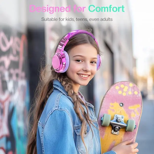 Alt view image 3 of 7 - QearFun Bluetooth Headphones for Kids, Wireless Headphones with Built-in Mic, Includes Aux Cord, USB C, 3.5mm Jack, Bluetooth 5.3, On Ear Kids Headphones for School/Travel/Tablet/iPad