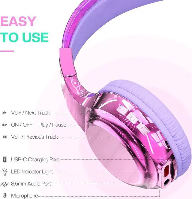 Alt view image 6 of 7 - QearFun Bluetooth Headphones for Kids, Wireless Headphones with Built-in Mic, Includes Aux Cord, USB C, 3.5mm Jack, Bluetooth 5.3, On Ear Kids Headphones for School/Travel/Tablet/iPad