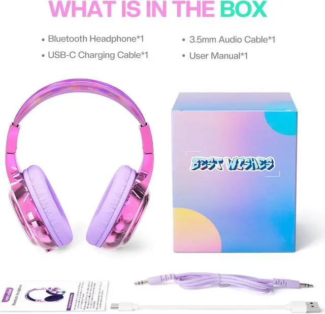 Alt view image 7 of 7 - QearFun Bluetooth Headphones for Kids, Wireless Headphones with Built-in Mic, Includes Aux Cord, USB C, 3.5mm Jack, Bluetooth 5.3, On Ear Kids Headphones for School/Travel/Tablet/iPad