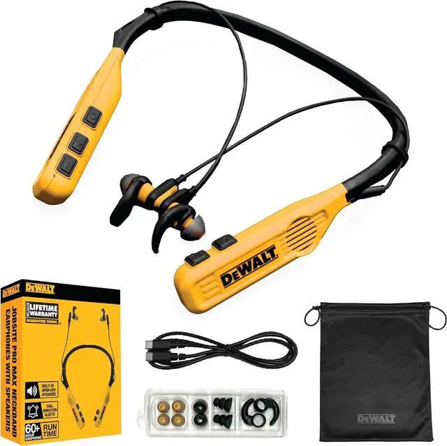 Alt view image 2 of 7 - DEWALT 2-in-1 Neckband Bluetooth Headphones w/Built-in Speakers, Jobsite Wearable Speaker & Around Neck Headphones, Wireless Bluetooth Headset, 60+ Hrs, Hands-Free Music & Calls, Carry Pouch Included