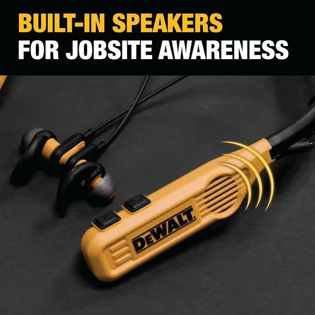 Alt view image 5 of 7 - DEWALT 2-in-1 Neckband Bluetooth Headphones w/Built-in Speakers, Jobsite Wearable Speaker & Around Neck Headphones, Wireless Bluetooth Headset, 60+ Hrs, Hands-Free Music & Calls, Carry Pouch Included