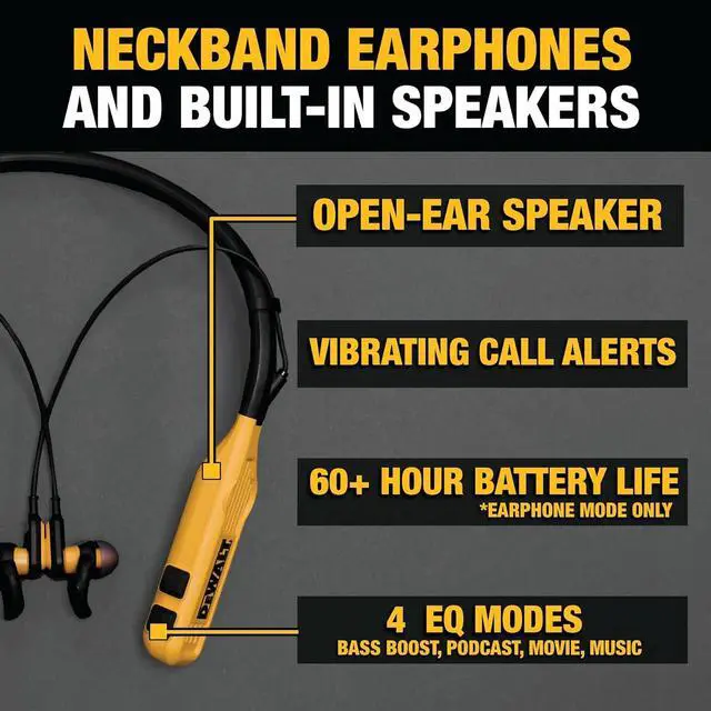 Alt view image 3 of 7 - DEWALT 2-in-1 Neckband Bluetooth Headphones w/Built-in Speakers, Jobsite Wearable Speaker & Around Neck Headphones, Wireless Bluetooth Headset, 60+ Hrs, Hands-Free Music & Calls, Carry Pouch Included