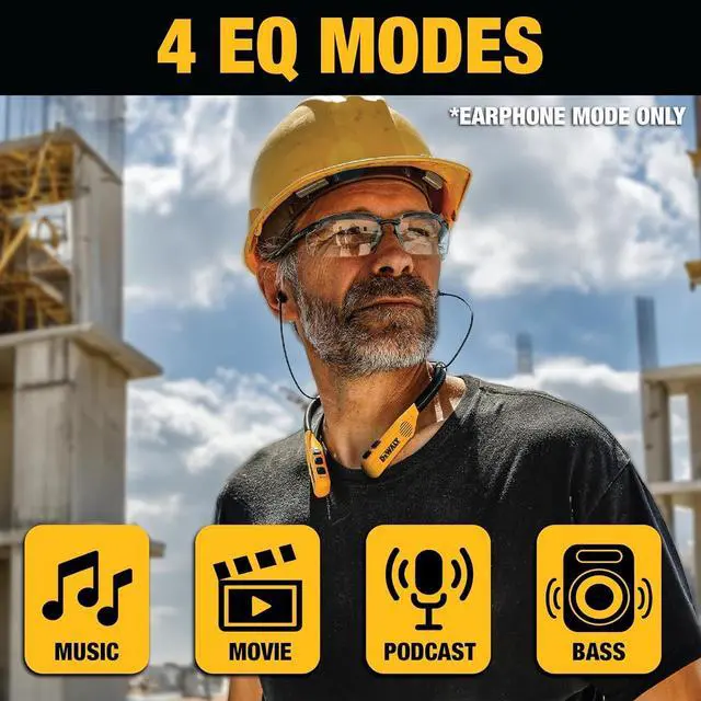 Alt view image 7 of 7 - DEWALT 2-in-1 Neckband Bluetooth Headphones w/Built-in Speakers, Jobsite Wearable Speaker & Around Neck Headphones, Wireless Bluetooth Headset, 60+ Hrs, Hands-Free Music & Calls, Carry Pouch Included