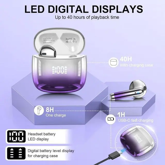 Alt view image 4 of 7 - Wireless Earbuds, Bluetooth Headphones 48H Playtime Ear Buds with LED Power Display, IPX7 Waterproof Bluetooth 5.4 Earphones in-Ear Earbuds with 4 Mic for Android iOS Cell Phone Laptop, Purple
