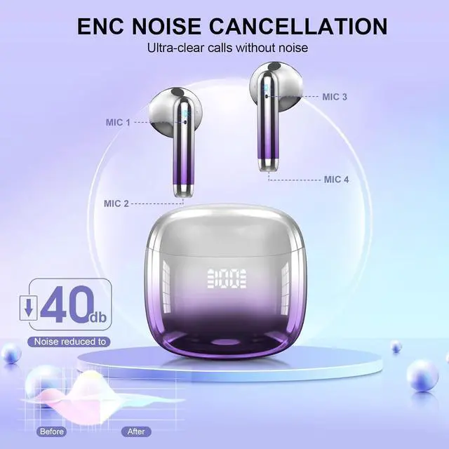 Alt view image 6 of 7 - Wireless Earbuds, Bluetooth Headphones 48H Playtime Ear Buds with LED Power Display, IPX7 Waterproof Bluetooth 5.4 Earphones in-Ear Earbuds with 4 Mic for Android iOS Cell Phone Laptop, Purple