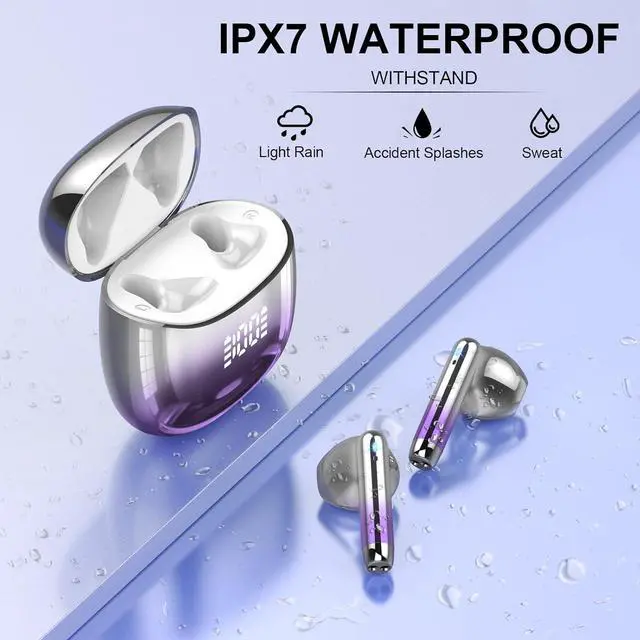 Alt view image 7 of 7 - Wireless Earbuds, Bluetooth Headphones 48H Playtime Ear Buds with LED Power Display, IPX7 Waterproof Bluetooth 5.4 Earphones in-Ear Earbuds with 4 Mic for Android iOS Cell Phone Laptop, Purple