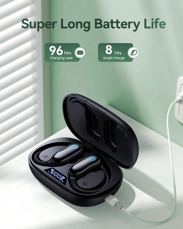 Alt view image 3 of 7 - Active Noise Canceling Ear Buds Wireless Earbuds 96hrs Playback Bluetooth Headphones IPX7 Waterproof Stereo Bass Over-Ear Earphones with Earhooks Microphone LED Battery Display for Sports