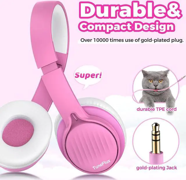 Alt view image 3 of 7 - TuneFlux Upgraded Kids Headphones, Wired Toddler Headphones, 85dB Limited Volume On Ear Headphones, Portable Foldable Design, Stereo Sound Kids Headphones for School/Tablet/Travel-Pink