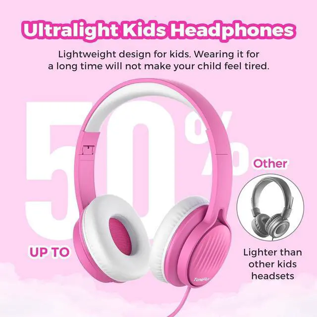 Alt view image 7 of 7 - TuneFlux Upgraded Kids Headphones, Wired Toddler Headphones, 85dB Limited Volume On Ear Headphones, Portable Foldable Design, Stereo Sound Kids Headphones for School/Tablet/Travel-Pink