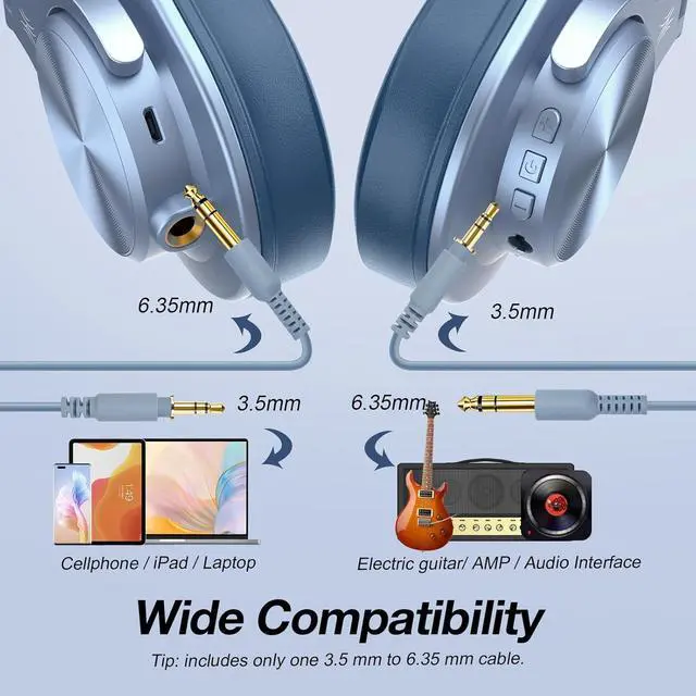 Alt view image 4 of 7 - OneOdio A70 Bluetooth Over Ear Headphones, Wireless Headphones w/ 72H Playtime, Hi-Res, 3.5mm/6.35mm Wired Audio Jack for Studio Monitor & Mixing DJ Guitar AMP, Computer Laptop PC Tablet - Sky Blue