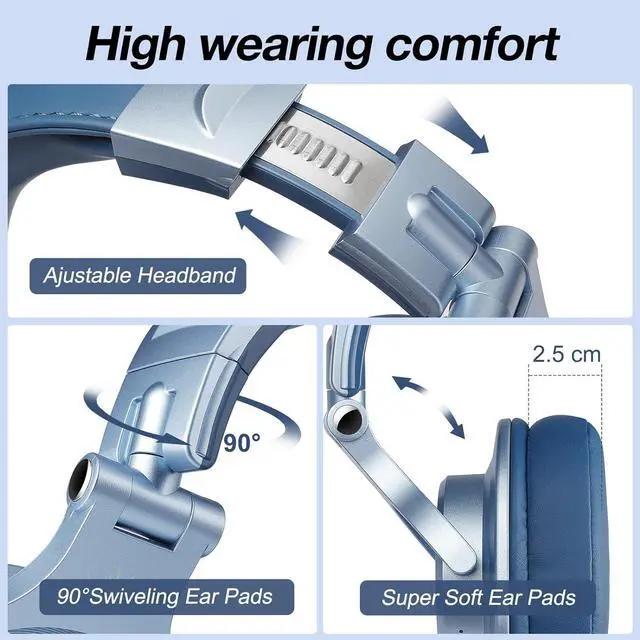 Alt view image 6 of 7 - OneOdio A70 Bluetooth Over Ear Headphones, Wireless Headphones w/ 72H Playtime, Hi-Res, 3.5mm/6.35mm Wired Audio Jack for Studio Monitor & Mixing DJ Guitar AMP, Computer Laptop PC Tablet - Sky Blue