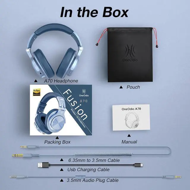 Alt view image 7 of 7 - OneOdio A70 Bluetooth Over Ear Headphones, Wireless Headphones w/ 72H Playtime, Hi-Res, 3.5mm/6.35mm Wired Audio Jack for Studio Monitor & Mixing DJ Guitar AMP, Computer Laptop PC Tablet - Sky Blue