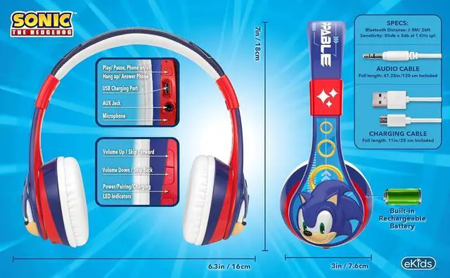 Alt view image 6 of 7 - eKids Sonic The Hedgehog Bluetooth Headphones for Kids, Wireless Headphones with Microphone Includes Aux Cord, Volume Reduced Kids Earphones for School, Home, or Travel