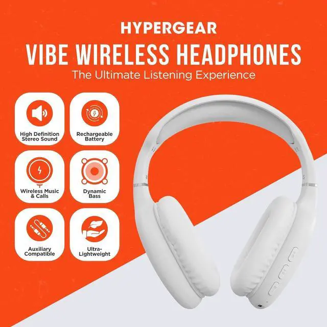 Alt view image 2 of 7 - HyperGear Vibe Bluetooth Wireless Headphones - Over-Ear Wireless Headphones with Noise Isolating Fit, Built-in Mic & Controls, Memory Foam Ear Cups for Travel, Home Office, Gym & More - White