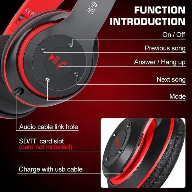 Alt view image 5 of 6 - 6S Bluetooth Headphones Over-Ear, Hi-Fi Stereo Foldable Wireless Stereo Headsets Earbuds with Built-in Mic, Volume Control, FM for iPhone/Samsung/iPad/PC (Black & Red)