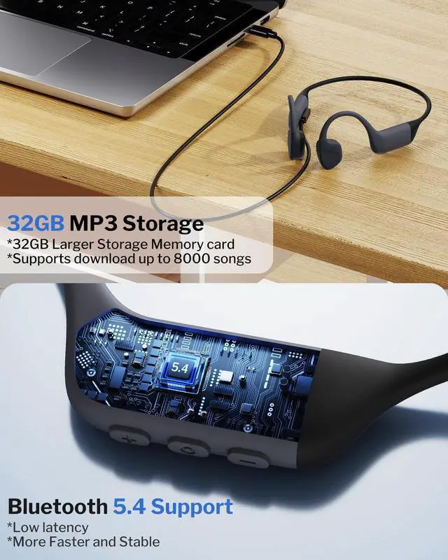 Alt view image 6 of 7 - Bone Conduction Headphones, IPX8 Waterproof Bluetooth 5.4 Open Ear Headphones with 32G MP3 Memory for Swimming, Running, Cycling - Swimming Headphones Underwater (Modern)