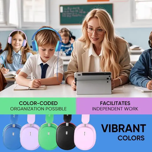 Alt view image 2 of 7 - Kids Headphones Bulk 5-Pack for K-12 School, Over-Ear Wired Headset with Microphone, Foldable, 3.5mm Jack Headphone for Classroom Chromebooks Tablets Laptop Computer