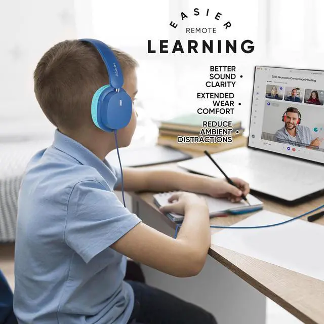 Alt view image 7 of 7 - Kids Headphones Bulk 5-Pack for K-12 School, Over-Ear Wired Headset with Microphone, Foldable, 3.5mm Jack Headphone for Classroom Chromebooks Tablets Laptop Computer