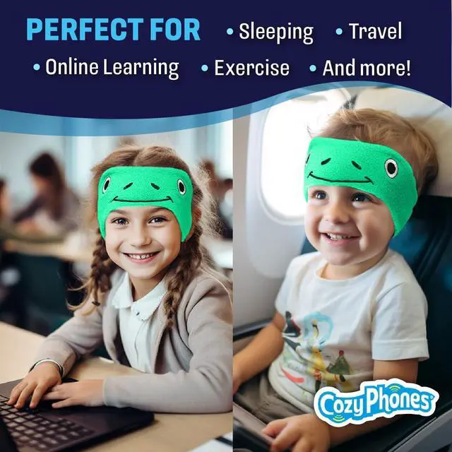 Alt view image 6 of 7 - CozyPhones Over The Ear Headband Headphones - Kids Headphones Volume Limited with Thin Speakers & Super Soft Fleece Headband - Green Frog