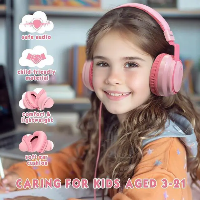 Alt view image 2 of 7 - Headphone Kids Volume Limited 85/94dB Wired Over-Ear/On-Earr Foldable Headset with Inline Cable Aux 3.5mm Cord Mic for Toddler Boy Girl Child Back to School Study Pad Tablet Pink