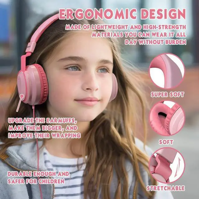 Alt view image 4 of 7 - Headphone Kids Volume Limited 85/94dB Wired Over-Ear/On-Earr Foldable Headset with Inline Cable Aux 3.5mm Cord Mic for Toddler Boy Girl Child Back to School Study Pad Tablet Pink