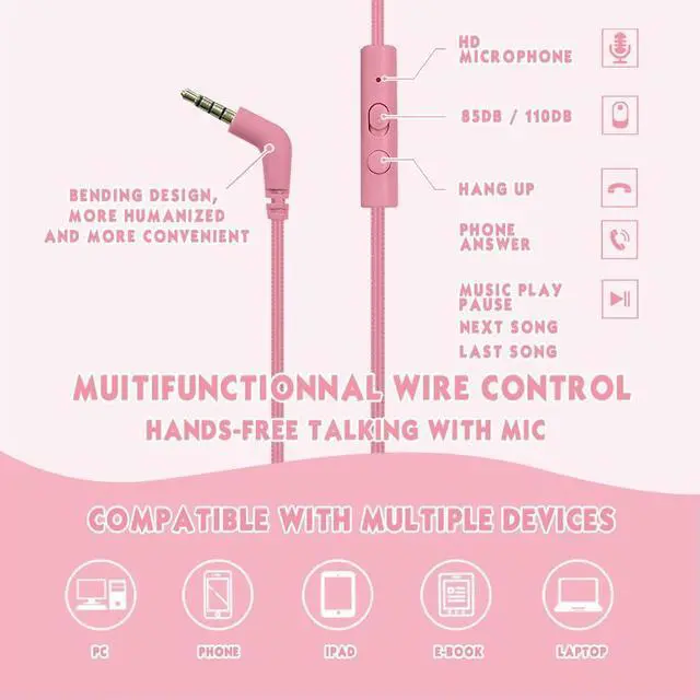 Alt view image 7 of 7 - Headphone Kids Volume Limited 85/94dB Wired Over-Ear/On-Earr Foldable Headset with Inline Cable Aux 3.5mm Cord Mic for Toddler Boy Girl Child Back to School Study Pad Tablet Pink