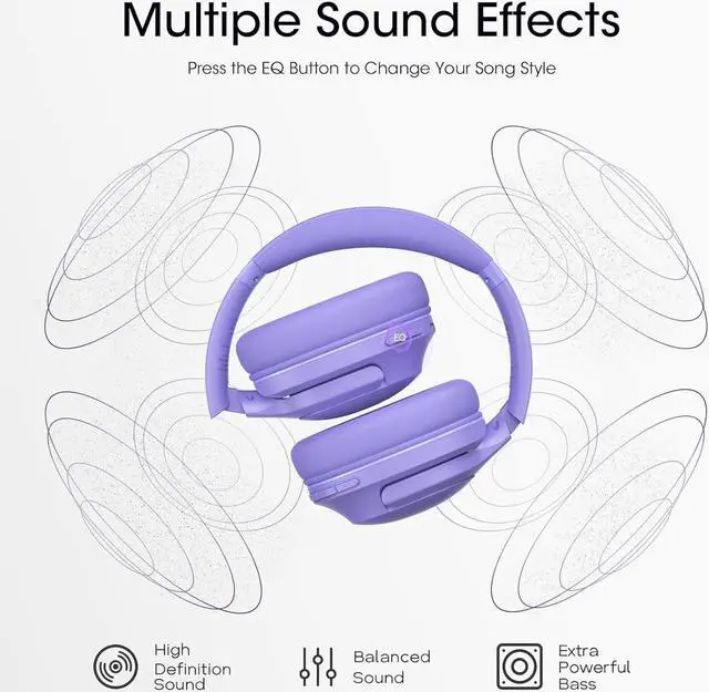 Alt view image 3 of 7 - Bluetooth Headphones Over Ear, 80H Playtime Headphones Wireless with 3 EQ Modes, Wireless Headphones with Mic, HiFi Stereo Foldable Bluetooth Headphones for PC Phone Home Travel (Purple)