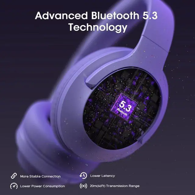 Alt view image 4 of 7 - Bluetooth Headphones Over Ear, 80H Playtime Headphones Wireless with 3 EQ Modes, Wireless Headphones with Mic, HiFi Stereo Foldable Bluetooth Headphones for PC Phone Home Travel (Purple)