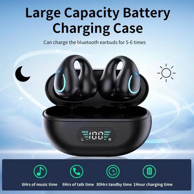 Alt view image 2 of 7 - Open Ear Clip Wireless Earbuds Bluetooth 5.3, Sports Earphones Built-in Microphone with Earhooks & Ear Hook, Bone Conduction, Wireless Charging Case & DisplayWaterproof Fitness Headphones for Running