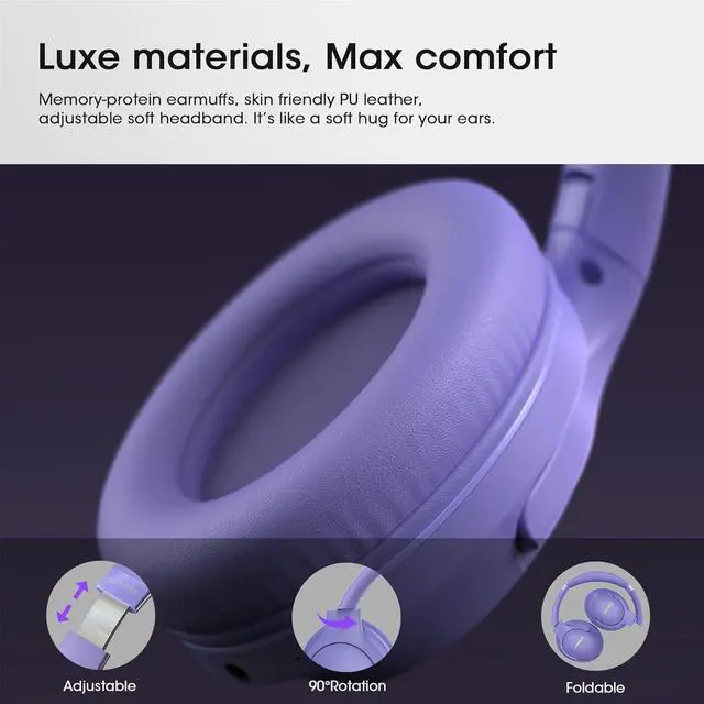 Alt view image 7 of 7 - Bluetooth Headphones Over Ear, 80H Playtime Headphones Wireless with 3 EQ Modes, Wireless Headphones with Mic, HiFi Stereo Foldable Bluetooth Headphones for PC Phone Home Travel (Purple)