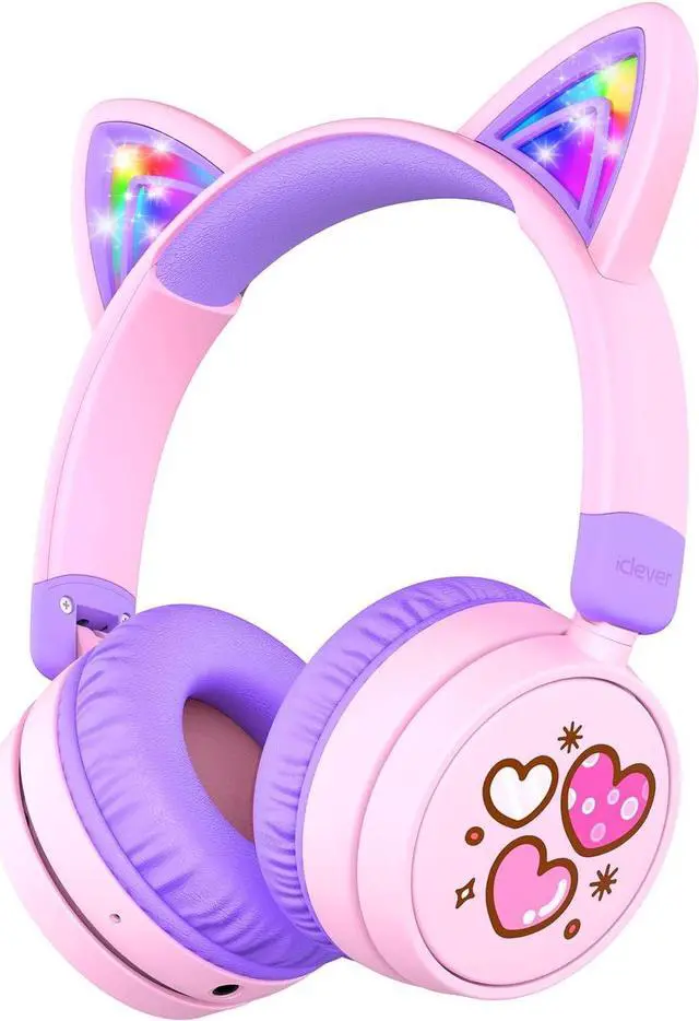 Main image of iClever Kids Bluetooth Headphones, Light Up Cat Ear,60H Playtime, USB C Fast Charging, Safe Volume 74/85dBA, Bluetooth 5.3,Kids Headphones Wireless AUX Cord for iPad Tablets Travel,Meow Cookies-Purple