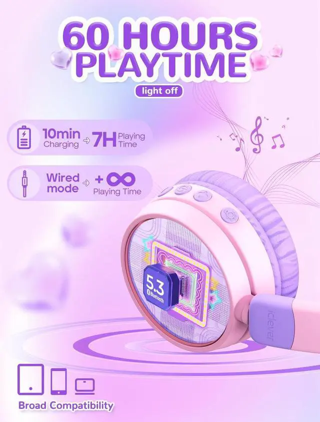 Alt view image 4 of 7 - iClever Kids Bluetooth Headphones, Light Up Cat Ear,60H Playtime, USB C Fast Charging, Safe Volume 74/85dBA, Bluetooth 5.3,Kids Headphones Wireless AUX Cord for iPad Tablets Travel,Meow Cookies-Purple